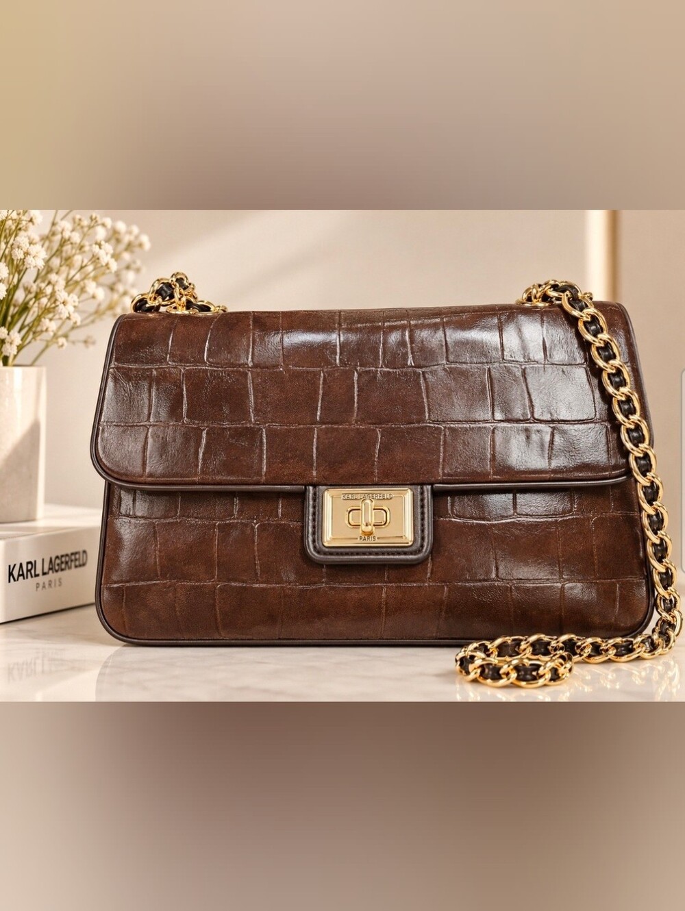 Karl Lagerfeld Brown Croc-Embossed Shoulder Bag with Gold Chain